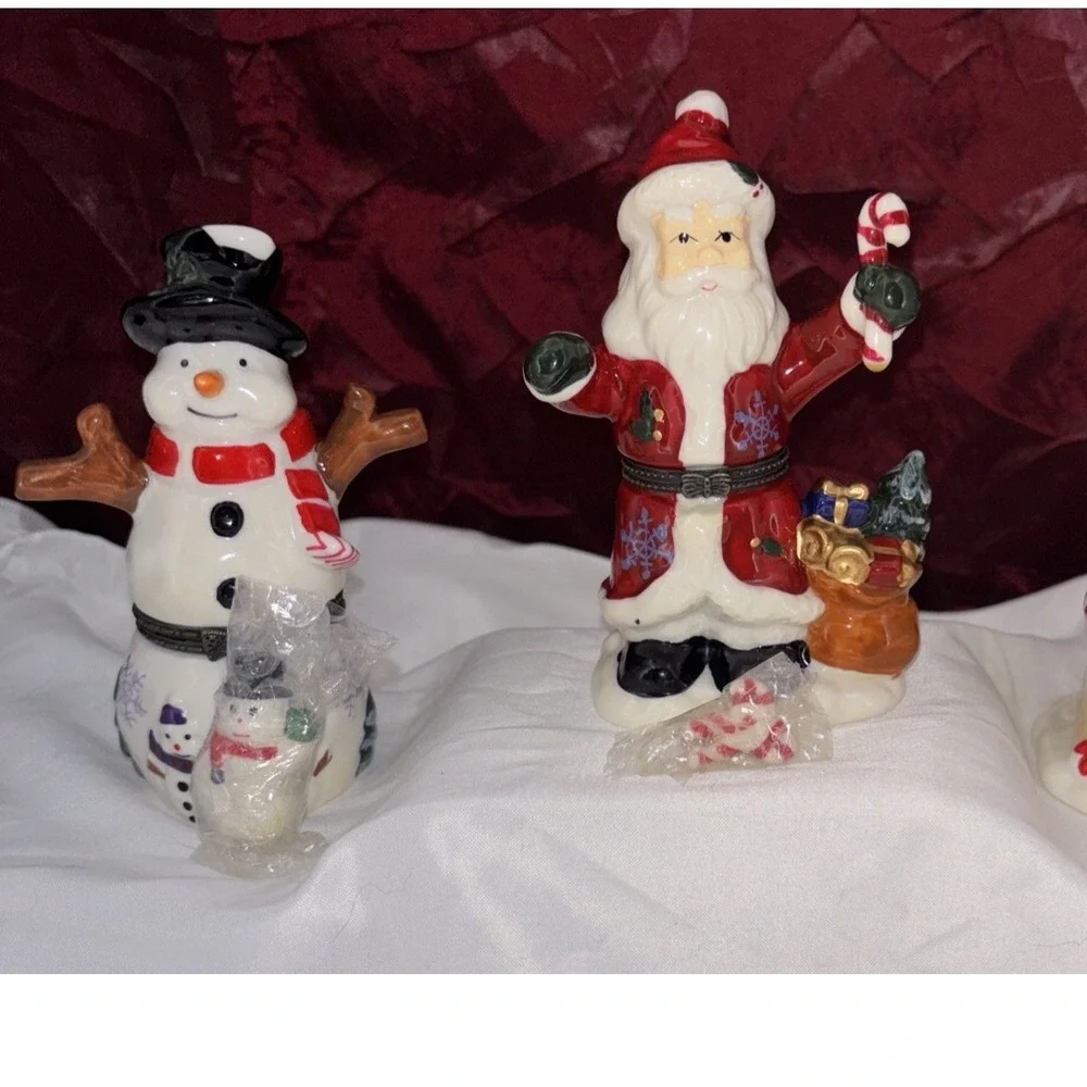 Vtg Christmas Porcelain Hinged Trinket Boxes‎ Santa Snowman W/ Special Gifts 2pc